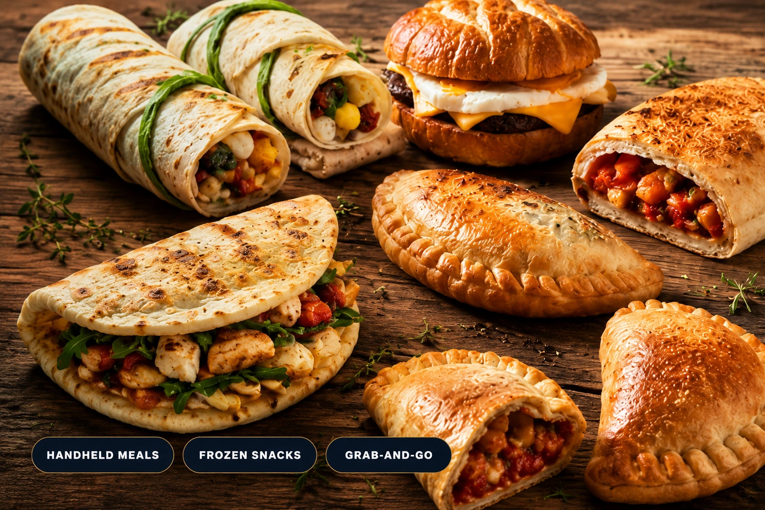Professional assortment of handheld meals, frozen snacks and stuffed foods